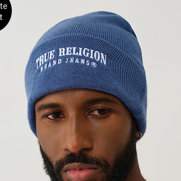 True Religion Arched Logo Beanie Blue Ribbed Knit 100% Cotton NWT - Picture 3 of 7